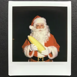 candid 1981 polaroid photo of santa bringing you corn, distressed photo, horror vibe, unsettling