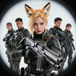 close up of futuristic dystopian regime soldier, plasma gun, blonde hair, fox ears on hair, human, female, concept design, contrast, hot toys, kim jung gi, greg rutkowski, zabrocki, karlkka, jayison devadas, trending on artstation, 8 k, ultra wide angle, pincushion lens effect