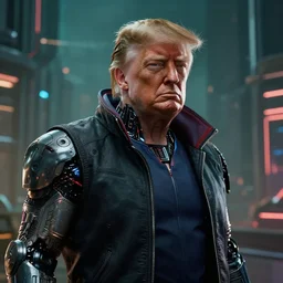 donald trump as an evil cyborg in cyberpunk 2 0 7 7 and is the head of an evil corporation, technological, movie footage, high - tech, still frame