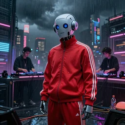 CHAPPIE robot In A Red Adidas Track Suit In Neo Tokyo with Die Antwoord and Aphex Twin DJing in the Background , full figure, stormy weather, extremely detailed masterpiece, low-key neon lighting, artstation, 2001: A Space Odyssey, Roger Deakin’s cinematography, by J. C. Leyendecker and Peter Paul Rubens and Edward Hopper and Michael Sowa