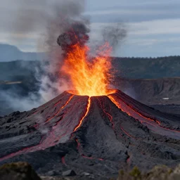 tilt shift photo of a volcano erupting with magma rocks flying into the air