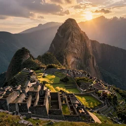 a painting of a beautiful sunrise on the machu picchu with arms up, dramatic lighting, fantasy art