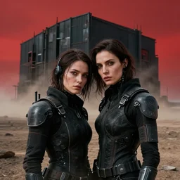 cinestill 5 0 d photographic portrait of two loving female androids wearing rugged black techwear on a desolate plain with a red sky in front of a brutalist dark metal building, extreme closeup, cyberpunk style, dust storm, 8 k, hd, high resolution, 3 5 mm, f / 3 2, ultra realistic faces, ex machina