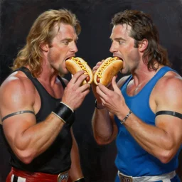 portrait of wwf shawn michaels and wcw kevin nash sharing hotdogs, an oil painting by ross tran and thomas kincade