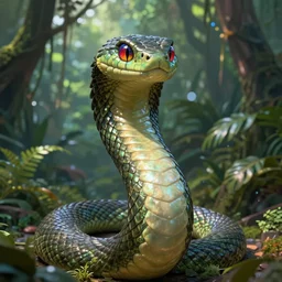 anthropomorphic naga snake - like creature, upper chest resembling the one of a female human but with scales, lower belly onwards the tail of a snake. drawn like a furry art piece, looking directly at the viewer, their eyes a multitude of colors. the background is an endless jungle. snake, naga, furry, digital art, hd