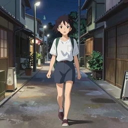 a beautiful girl with dark hair walking down a japanese style street, ambient lighting, dynamic lighting, 4k, official media, anime key visual, makoto shinkai, ilya kuvshinov, rossdraws, detailed, trending on artstation