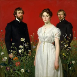 Solomon Joseph Solomon and Richard Schmid and Jeremy Lipking victorian genre painting portrait painting of an beautiful slender cottagecore girl in an open field of flowers, red background