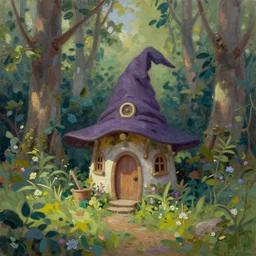 tiny cute witch hut, hidden in beautiful forest, oil painting, natural colours