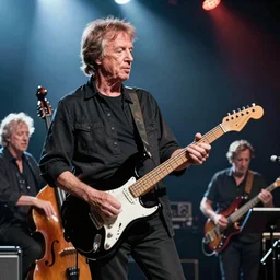 eric clapton playing black fender stratocaster, white pickguard, guitar on stage in chicago, playing on stage with bob stroger playing bass, tab benoit playing rhythm guitar, photorealistic, intricate details naturalism, color reversal film, greg rutkowski,