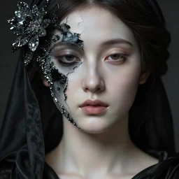 hyperrealism close - up mythological portrait of a beautiful medieval woman's fractured face blended with dark obsidian and crystallic flowers in style of classicism, pale skin, ivory make up, wearing black silk robe, dark and dull palette