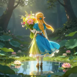 princess zelda backlit carrying flowers near a mirror like pond, by alan lee, colorful clothing, springtime flowers and foliage in full bloom, lotus flowers on the water, dark foggy forest background, sunlight filtering through the trees, digital art, art station.