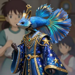 portrait of an ethereal colorful blue starry betta fish fox peacock character accented in bright metallic gold, wearing star filled magic imbued mage robes, wearing lots of gold jewelry and gems, art by yuji ikehata, background art by miyazaki, realism, resident evil, fully clothed