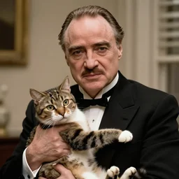 anthony hopkins the godfather with the face of a cat, holding a cat with the face of anthony hopkins the godfather