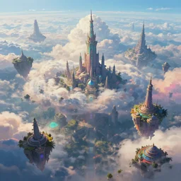 A highly detailed 4K fantasy matte painting of a large, beautiful, endless clouds. floating cities. vibrant multicolor. Craig Mullins, ArtStation, CGSociety, Unreal Engine