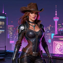 sofia vergara portrait futuristic ana de armas cyberpunk cowgirl, neon light rooftop, fantasy, intricate and very very beautiful and elegant, highly detailed, digital painting, artstation, concept art, smooth and sharp focus, tight fit, illustration, art by tan zi and ayanamikodon and alphonse mucha and wlop