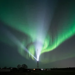 Distant photo of a radio tower at night firing white light into the sky and connecting with an aurora borealis of energy. Ambient lighting, realistic