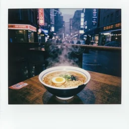 a street noodle bar in the rainy city of neolondon, a steaming bowl of ramen sitting on the table against the rainy background of neon signs, cyberpunk, futuristic, grungy, film grain, polaroid photograph