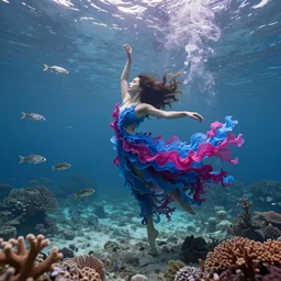 woman dancing underwater wearing a flowing dress made of blue and magenta seaweed, delicate coral sea bottom, swirling silver fish, swirling smoke shapes, octane render, caustics lighting from above, cinematic