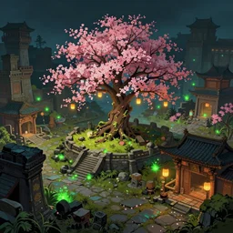 ancient city!!!, ruins!!!, tree with cherry blossoms in the middle, lanterns!!!!, colorfully, dark mood, detailed illustration, dark climate, glowing green lights!!!!!, detailed illustration, digital art, overdetailed art, concept art, highly saturated colors, detailed illustration, hd, 4 k, digital art, dan mumford, greg, rutkowski, trending on artstation