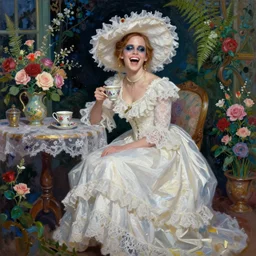 laughing mouth open very thick paint brush strokes paint texture full body fashion model emma watson by Jeremy Lipking by Hasui Kawase by Richard Schmid (((smokey eyes makeup eye shadow fantasy, glow, shimmer as victorian woman in a long white frilly lace dress and a large white hat having tea in a sunroom filled with flowers, roses and lush fern flowers ,intricate, night, highly detailed, dramatic lighting))) , high quality