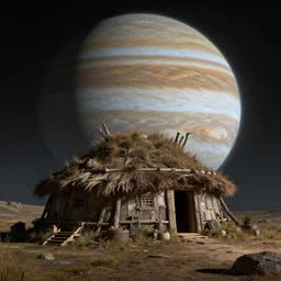 unreal engine hyperreallistic render 8k highly detailed 4K fantasy matte painting of a primitive hut on jupiter moon ganymede at night massive planet jupiter in background