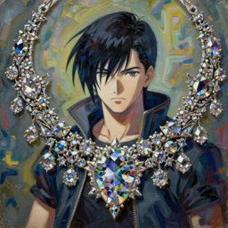 anime cyberpunk crystal jewelry, intricate oil painting by greg rutkowski, trending on artstation
