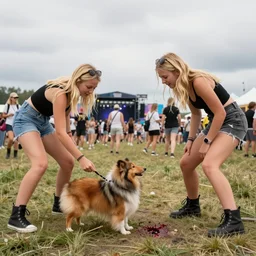two blonde girls fighting over a sheltie dog at a music festival, photograph, bloody, nordic summer, wide lens, ultra detailed