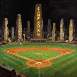 a baseball field with ancient monoliths with glowing runes. highly detailed science fiction painting by norman rockwell, frank frazetta, and syd mead. rich colors, high contrast, gloomy atmosphere, dark background.