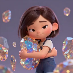 award - winning humour digital art hyperrealistic pixar girl hugging shining iridescent radioactive rocks