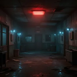 Abandoned hospital room with red ceiling lighting and several blue lights on the walls, gloomy and foggy atmosphere, octane render, artstation trending, horror scene, highly detailded