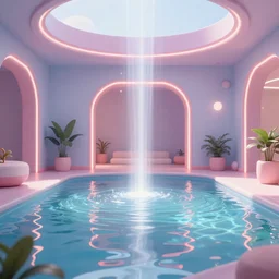 A ray of light glimmering over a pool in a futuristic setting, cyberpunk, neon lights, pastel colours, 8k render octane engine