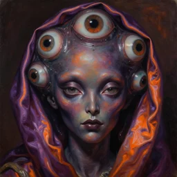 baroque neoclassicist close - up portrait of a dark retrofuturistic supernatural alien with multiple big eyes wearing iridescent silk. dark purple and orange iridescent and reflective textures. highly detailed science fiction painting by norman rockwell, frank frazetta, and syd mead. rich colors, high contrast, gloomy atmosphere. trending on artstation and behance.
