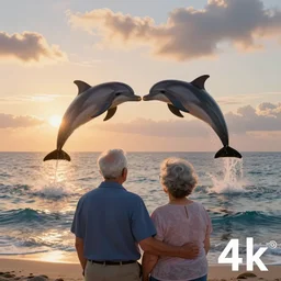 an old man and old woman celebrate their anniversary and life watching the sunrise over the sea, two dolphins jump into a shape of a heart, digital art for a greeting card, 4 k,
