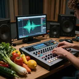 film still of fresh fruits and vegetables making beats in the studio on an mpc