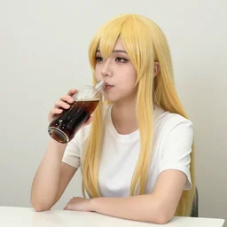 Casual photograph of a Cammy White cosplayer drinking a cola, sitting at an outdoors cafe, sunset lighting, nature background, low contrast