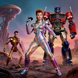 milla jovovich and david bowie wearing a rocknroll glitzy glamour spacesuit, psychedelic, surreal, beautiful, heroic action pose, a friendly android, stunning alien landscape, cinematic, dramatic studio lighting, wide shot, in the style of kubrick, ridley scott, jodorowsky, dune, star wars, transformers, moulin rouge, fritz lang, illustration, octane render 8 k
