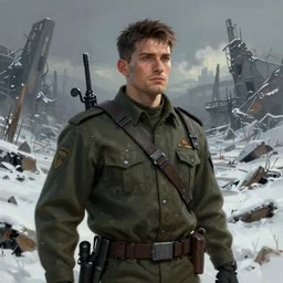 A comic book style portrait painting of a male ranger in a a post apocalyptic winter landscape, unreal 5, DAZ, hyperrealistic, octane render, RPG portrait, ambient light, dynamic lighting