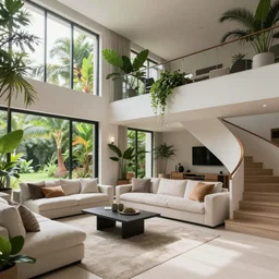 photo of a beautiful living room in a mansion with lots of vegetation. architecture. comfortable. stairs. trending on artstation. cgsociety. art by greg rutkowski and moebius, detailed hutra, engraving, precision, cinematic light