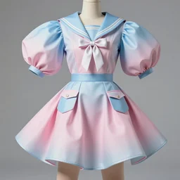 ball shaped accordion sleeve haute couture, sailor uniform skirt, coat, synthetic curves striking pose, dynamic folds, cute pockets, volume flutter, youthful, modeled by modern designer bust, award fashion, picton blue, petal pink gradient scheme, holographic tones, expert composition, professional retouch