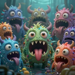 intricate colourful murky with strange cute friendly crazy monsters with huge beauty eyes long tongue triangle teeth and scary face appearing from the water, in the style of craola, shallow depth of field, highly detailed, digital painting, trending artstation, concept art, illustration, cinematic lighting, vibrant colors, photorealism, epic, octane render