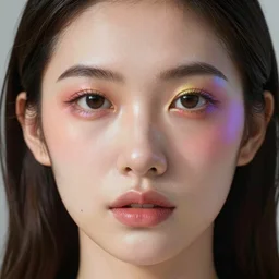 beautiful woman with the colours from a prism on her face, closeup, 70mm, trending on artstation, octane render,