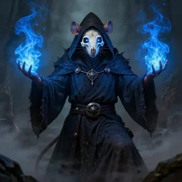 portrait of a humanoid rat sorcerer with a rat skull face, laser eyes in the rat skull, dark hooded sorcerer robes, fantasy, d & d, greg rutkowski, frank frazetta, intricately detailed, impressive lighting, misty environment, holding a blue fire in each hand, power stance, ultimate power, doom, 8 k hdr