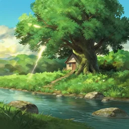 a serene landscape with a singular house in giant tree ^ near a river with rocks, sunshine lightning, ghibli studio