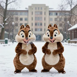 realistic photo of Chip and Dale chimpunks smoking in the winter, Plattenbau at background