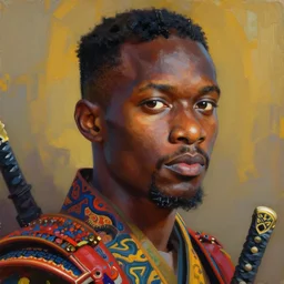 James Jean artwork, african man, samurai, colourful