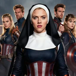 captain america played by by scarlett johansson wearing nun outfit, face portrait, athletic strong body, hd shot, digital portrait, elegant, beautiful, fantasy art, artstation, comic style, by artgerm, guy denning, jakub rozalski, magali villeneuve and charlie bowater