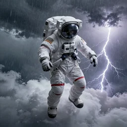 a realistic astronaut on clouds, storm , rain and lightning , fog, environment, maximum detailed, octane render, high detail