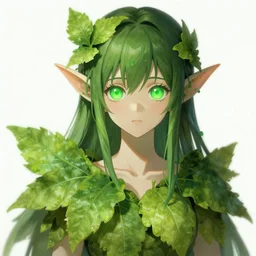 A realistic anime portrait of a beautiful dryad with glowing green eyes wearing clothes made of huge leaves, digital painting, by Stanley Artgerm Lau, Sakimichan, WLOP and Rossdraws, digtial painting, trending on ArtStation, deviantart