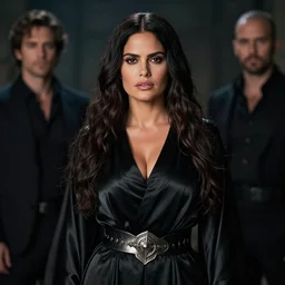 portrait of salma hayek as a beautiful sorceress wearing a satin black robe and metal belt, photorealistic, highly detailed, mysterious lighting, artstation, smooth, sharp focus, art by michael whelan, artgerm, greg rutkowski and luis royo