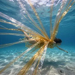 a woman's body is pulled into millions of thin ribbons of translucent gold and silver fabric in a vast underwater landscape, swift underwater current, blue water, sandy seafloor, caustics lighting from above, highly detailed, fantasy